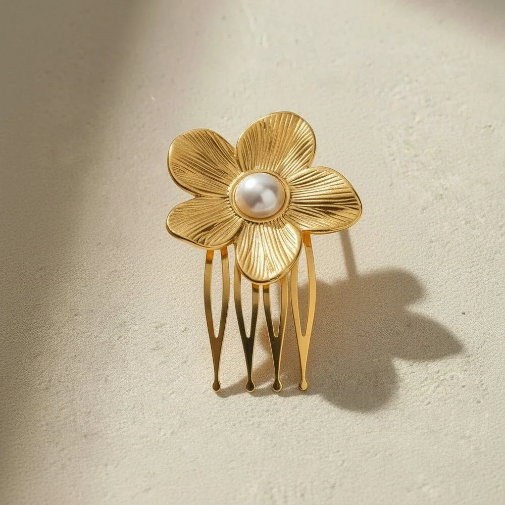 18K Gold Plated Stainless Steel Floral Hair Comb Barrette Pearl Statement Clip